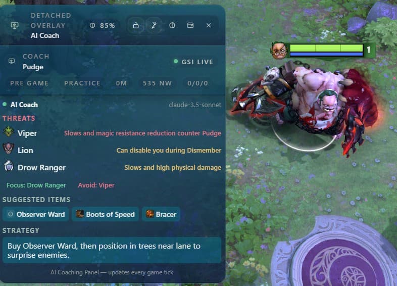 LaneMind coach panel with threats, suggested items, and strategy recommendations.