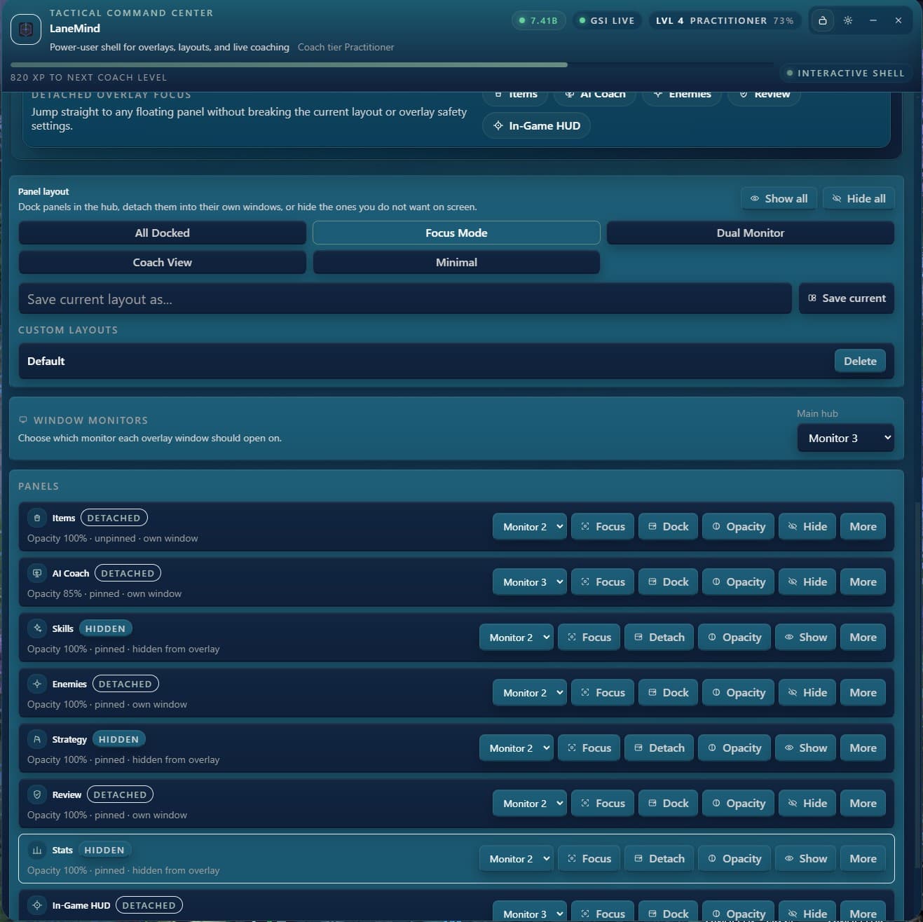 LaneMind main hub window with panel layout, monitor assignment, and detached panel controls.