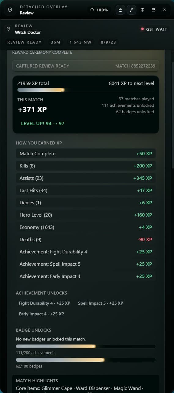 LaneMind post-game review with XP, achievements, badges, and match highlights.