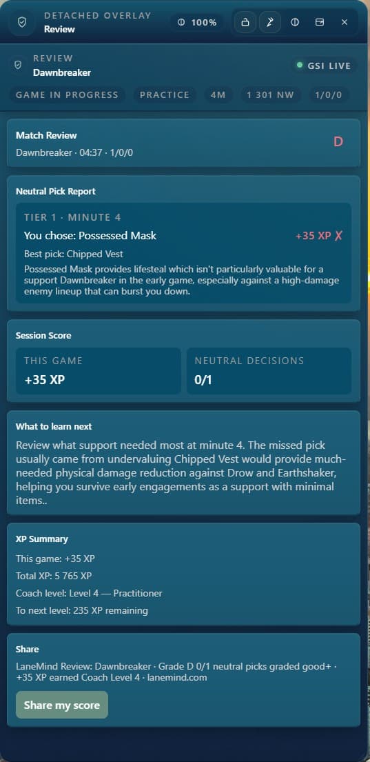 LaneMind review panel showing neutral pick grading, session score, XP earned, and what to learn next.