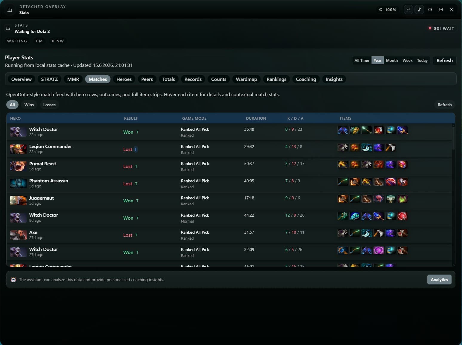 LaneMind Stats match history feed with item builds, results, and KDA per game.